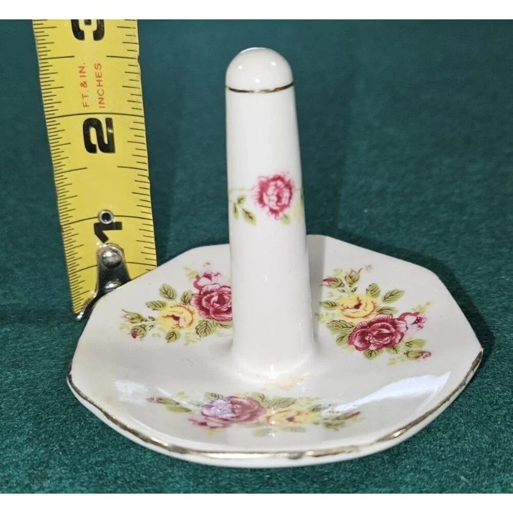 Vintage Ring Holder Dish Trinket Bone China Pink Roses Yellow Flowers
